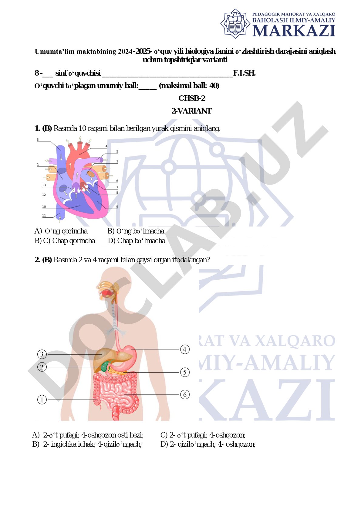 8-sinf biologiya fanidan CHSB-2 2-variant test topshiriqlari