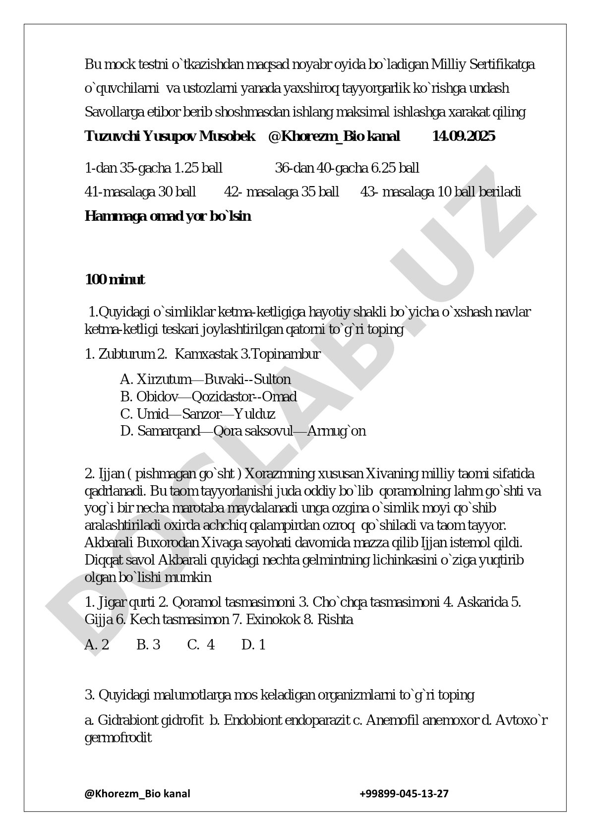 Biologiya fanidan milliy sertifikat uchun mock test