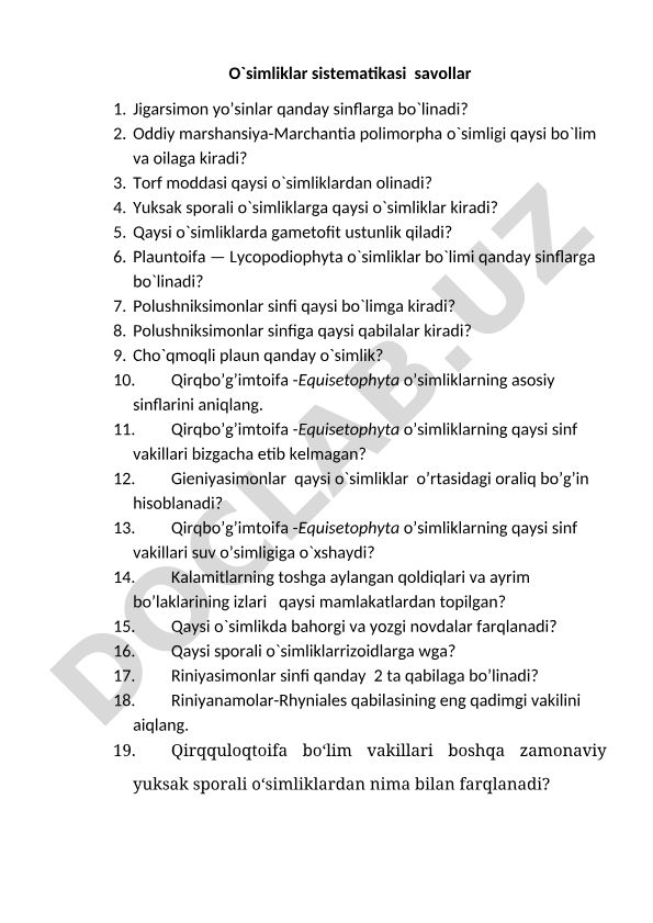 O'simliklar sistematikasi bo'yicha savollar to'plami