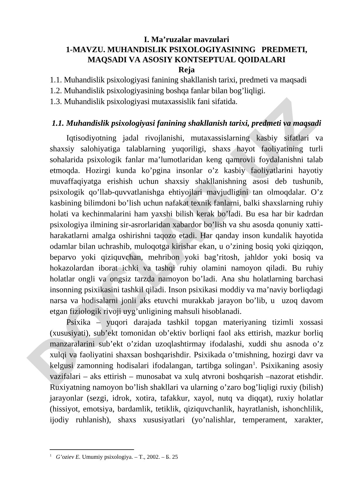 Muhandislik psixologiyasining predmeti, maqsadi va asosiy konseptual qoidalari