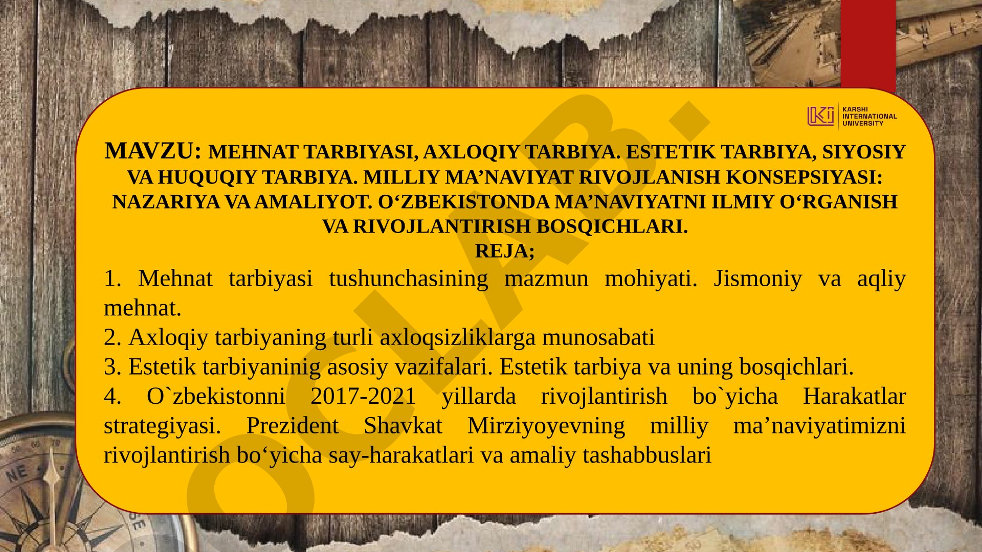 Mehnat tarbiyasi, axloqiy tarbiya, estetik tarbiya, siyosiy va huquqiy tarbiya. Milliy ma’naviyat rivojlanish konsepsiyasi: nazariya va amaliyot. O‘zbekistonda ma’naviyatni ilmiy o‘rganish va rivojlantirish bosqichlari