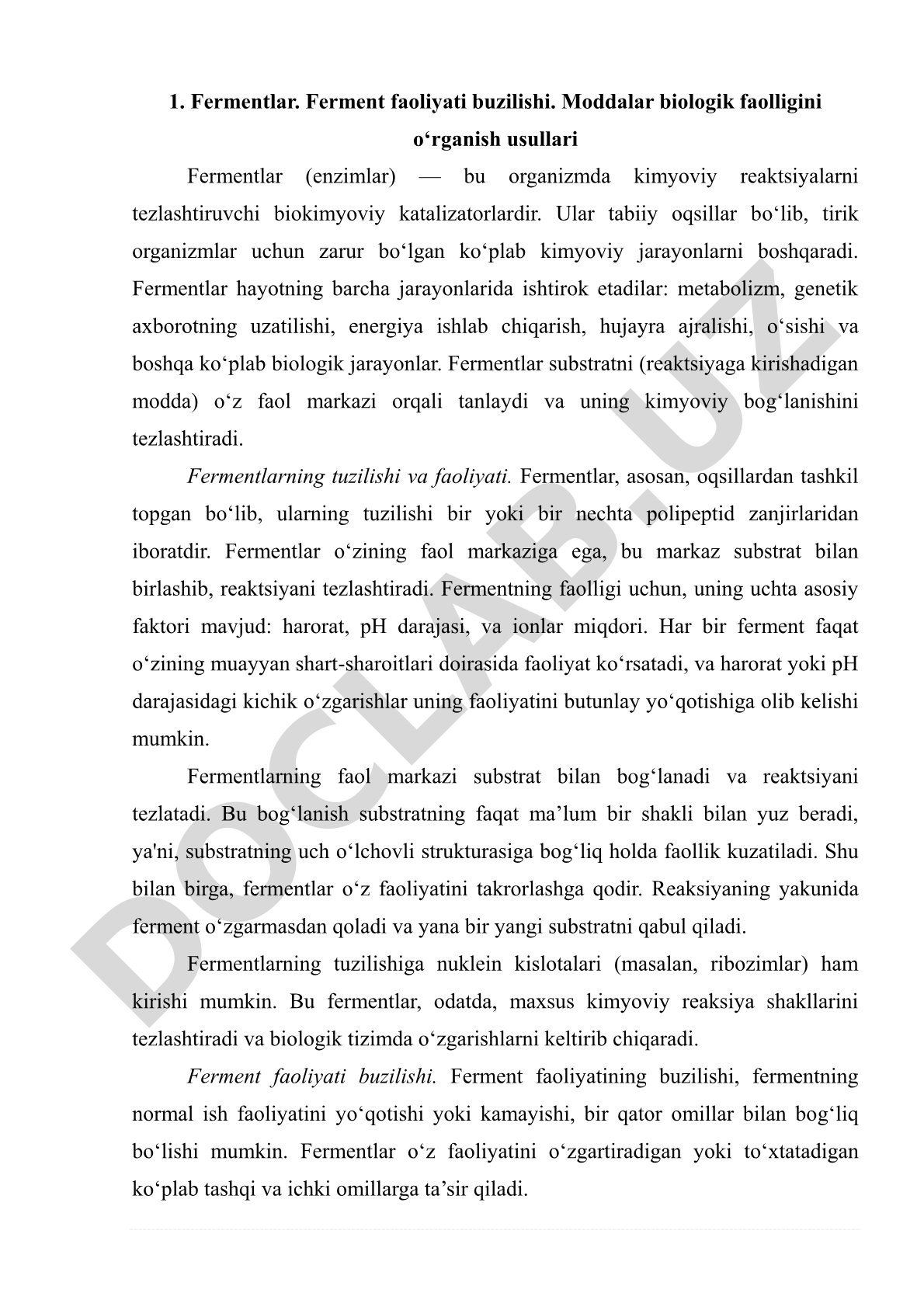 Fermentlar. Ferment faoliyati buzilishi. Moddalar biologik faolligini o‘rganish usullari