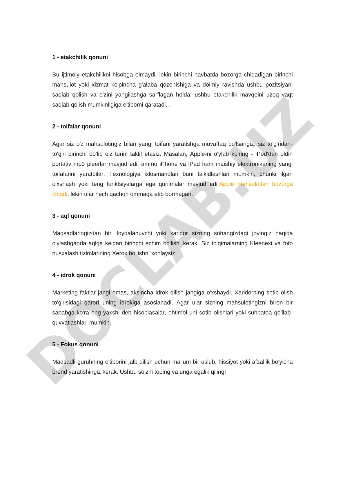 Marketing qonunlari: etakchilik, toifalar, aql va idrok
