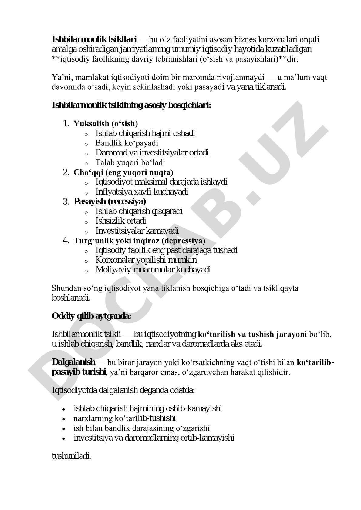Ishbilarmonlik tsikllari va ularning bosqichlari
