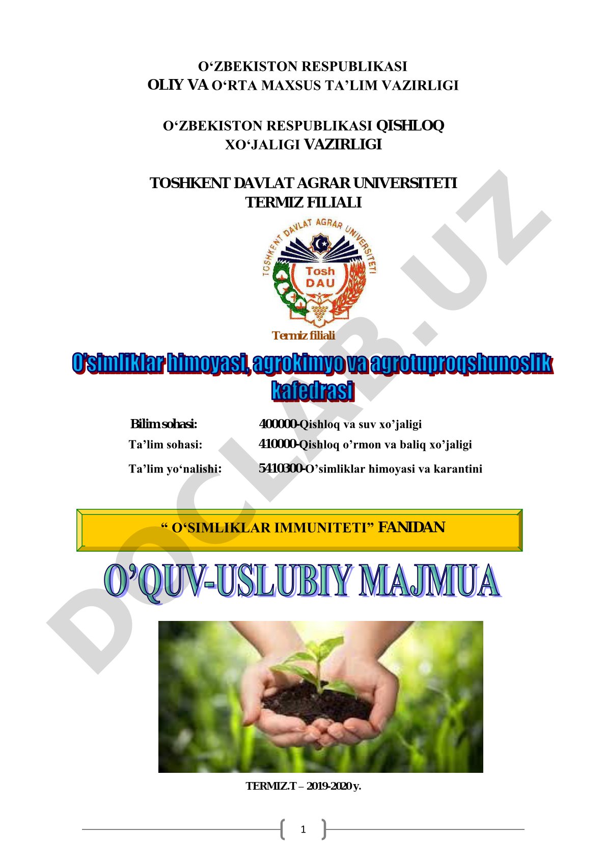 O‘simliklar immuniteti fanidan o‘quv-uslubiy majmua