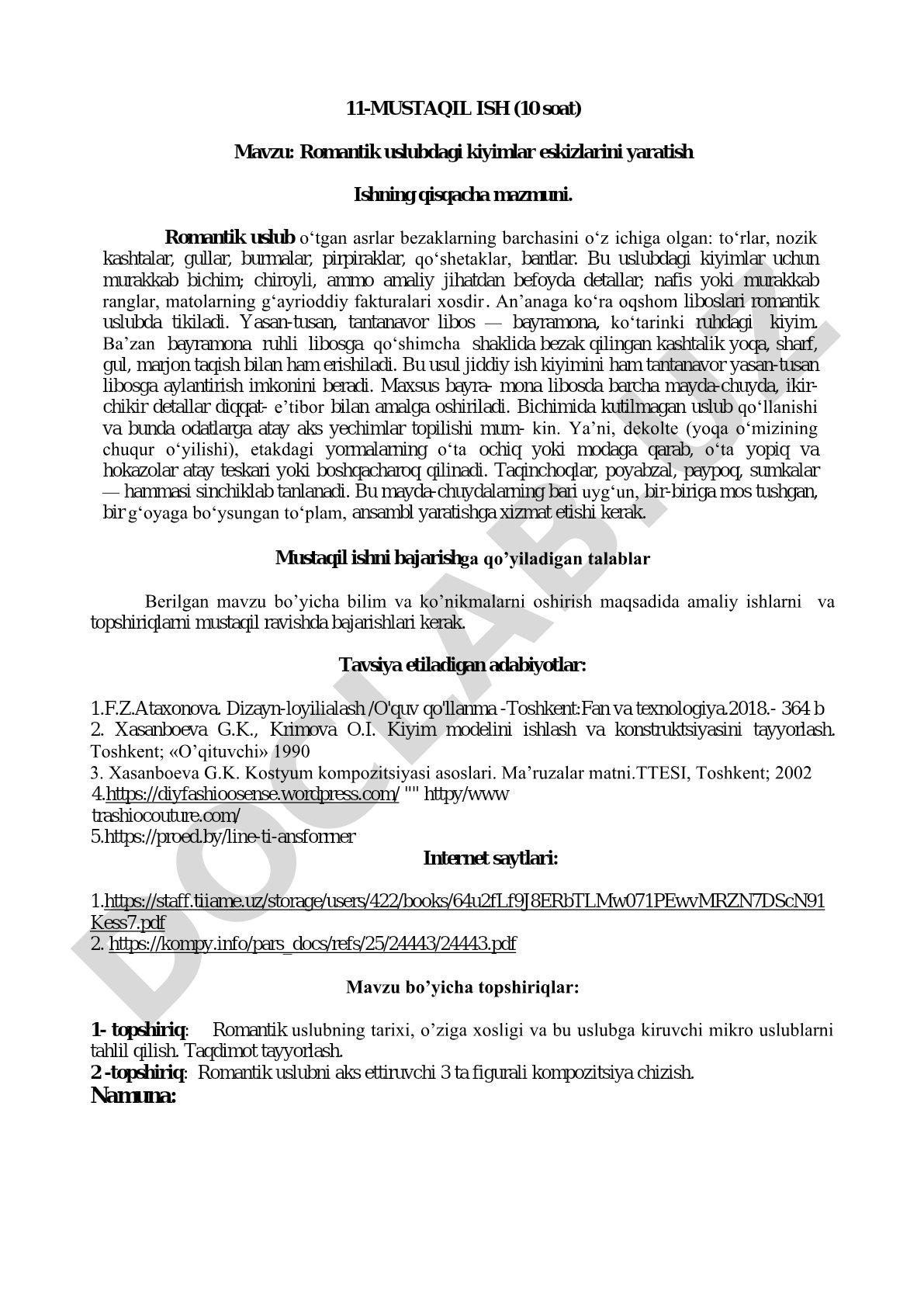 Romantik uslubdagi kiyimlar eskizlarini yaratish