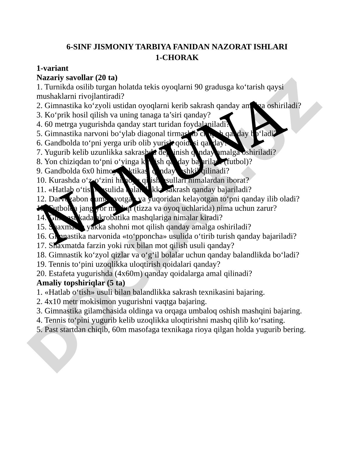 6-sinf jismoniy tarbiya fanidan nazorat ishlari 1-chorak 1-variant