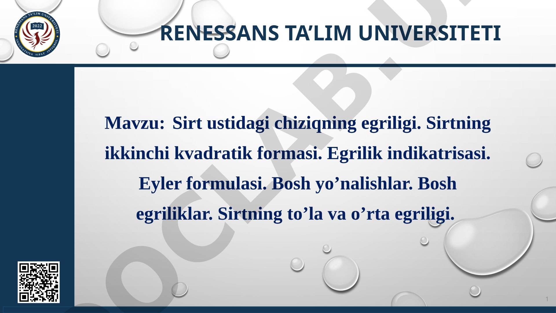 Sirt ustidagi chiziqning egriligi. Sirtning ikkinchi kvadratik formasi. Egrilik indikatrisasi. Eyler formulasi. Bosh yo'nalishlar. Bosh egriliklar. Sirtning to'la va o'rta egriligi.