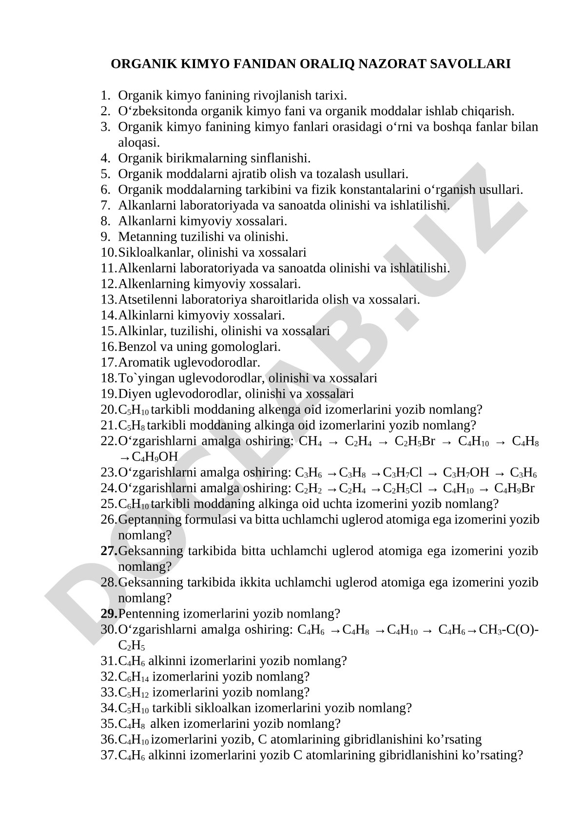 Organik kimyo fanidan oraliq nazorat savollari