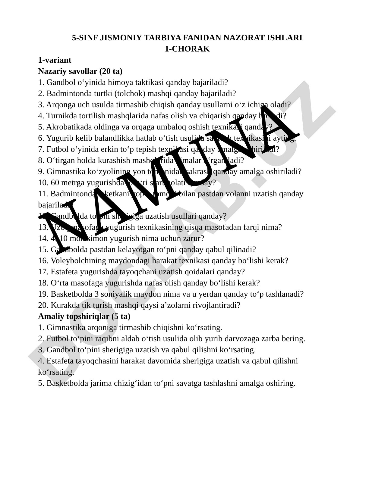 5-sinf jismoniy tarbiya fanidan nazorat ishlari 1-chorak 1-variant