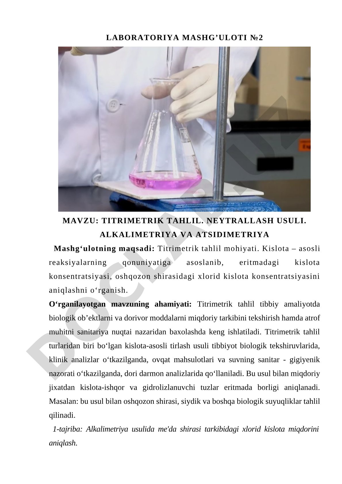 Titrimetrik tahlil. Neytrallash usuli. Alkalimetriya va atsidimetriya
