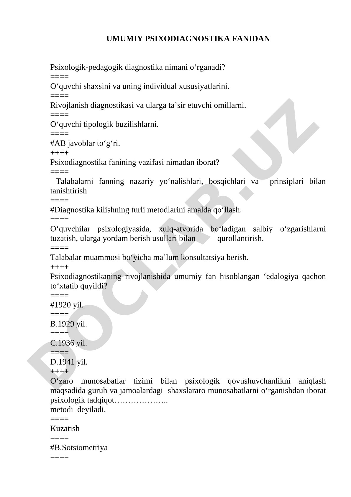 UMUMIY PSIXODIAGNOSTIKA FANIDAN