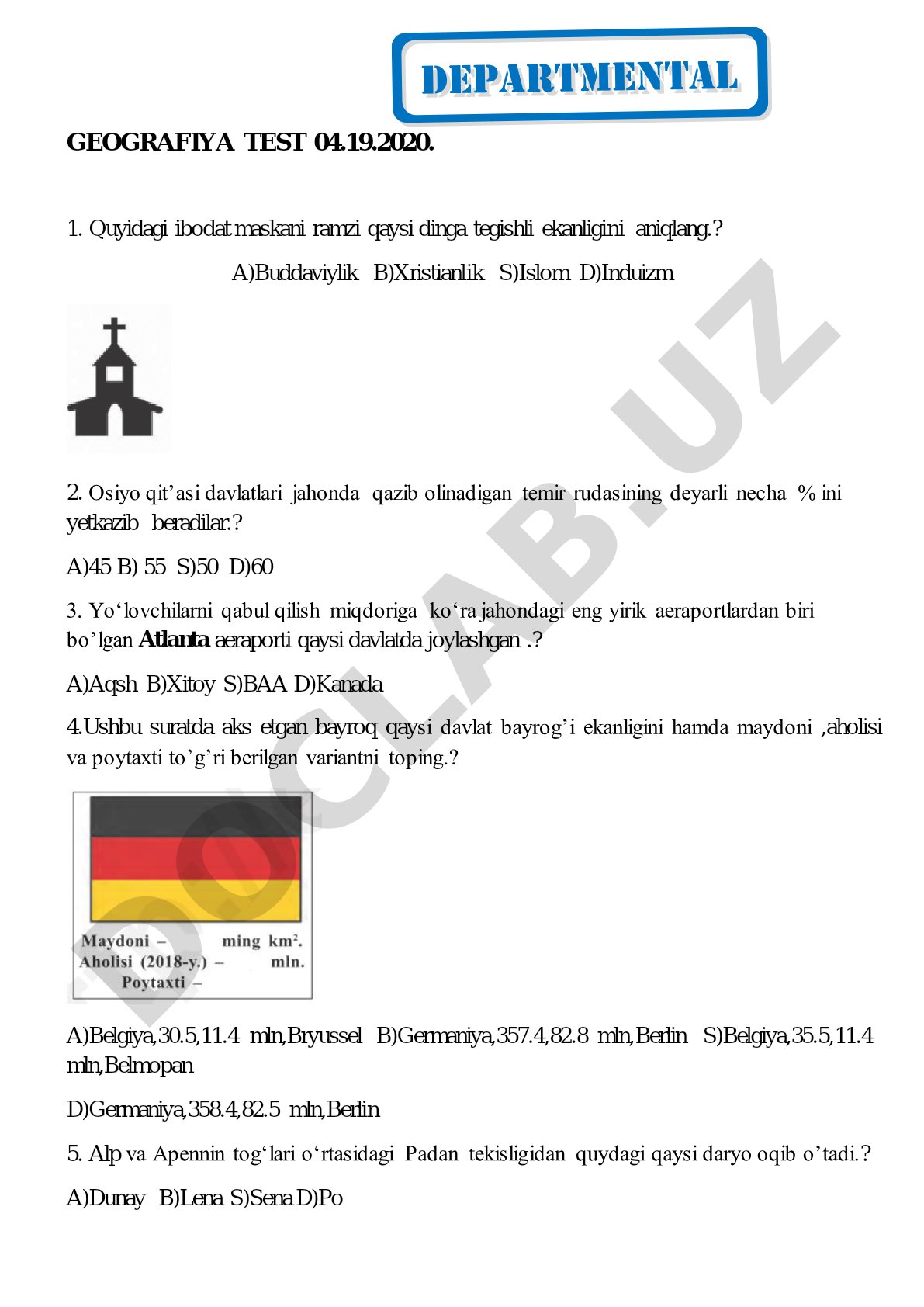 Geografiyadan test savollari: din, davlatlar, aeroportlar, daryolar, obidalar