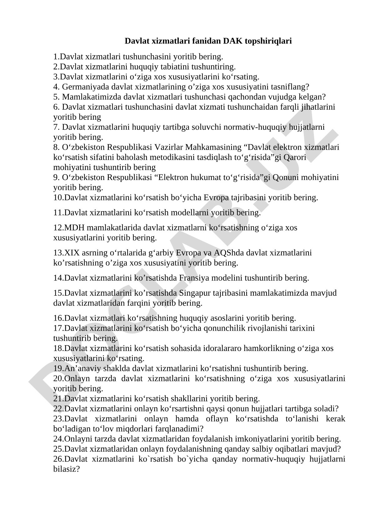 Davlat xizmatlari fanidan DAK topshiriqlari