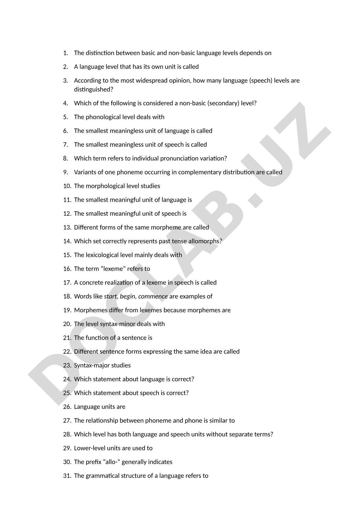 Language levels and linguistic units quiz