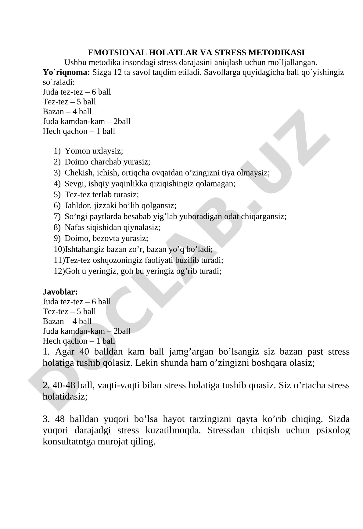 Emotsional holatlar va stress metodikasi