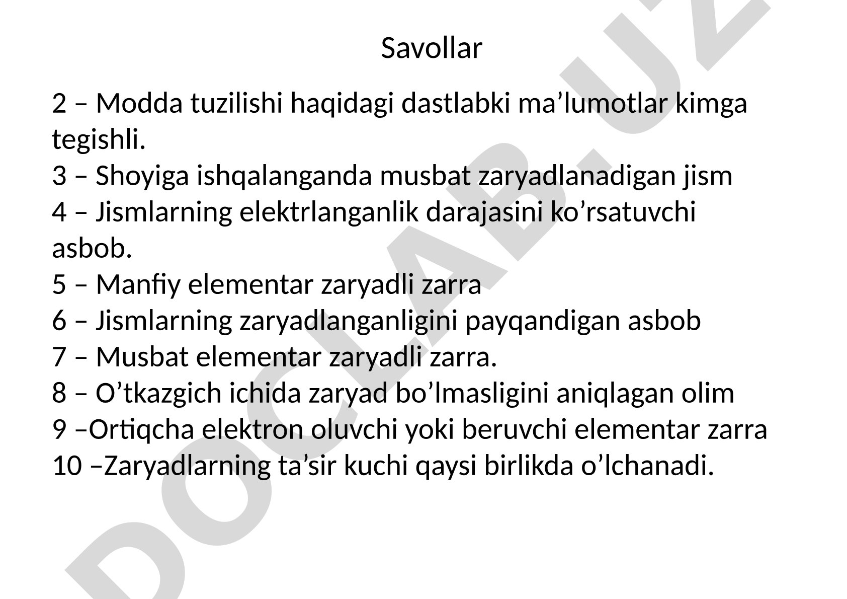 Elektr zaryadlari va elektrostatika krossvordi