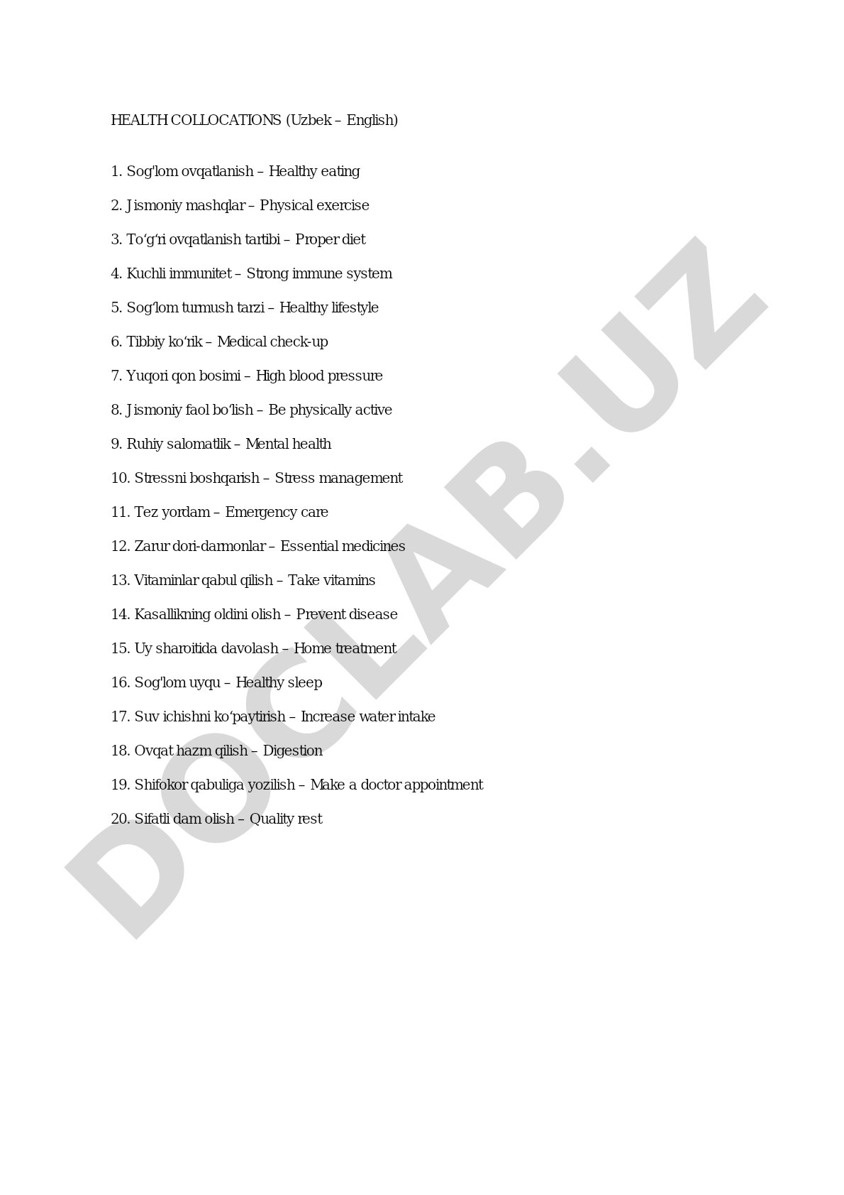 Health collocations (Uzbek – English)