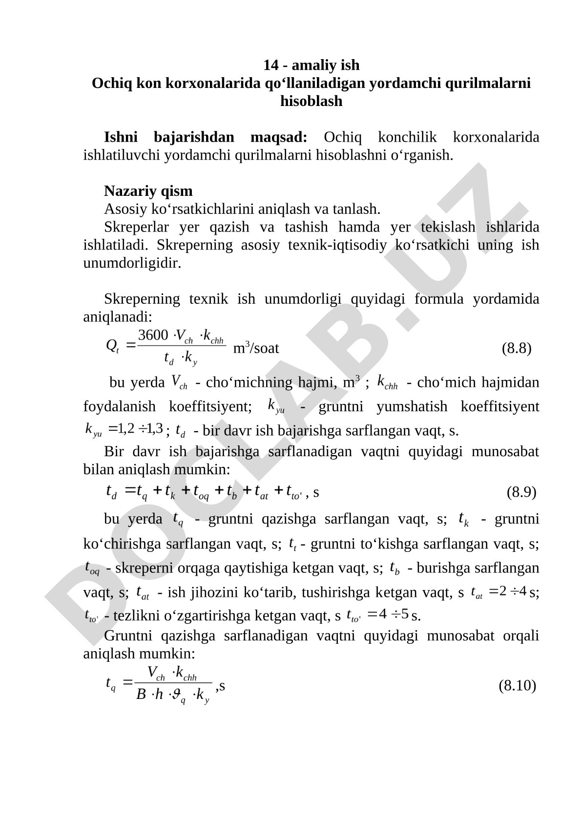 Ochiq kon korxonalarida qo‘llaniladigan yordamchi qurilmalarni hisoblash