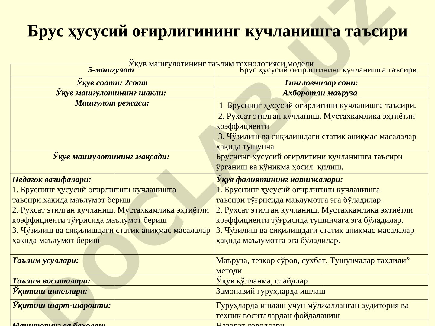 Брус ҳусусий оғирлигининг кучланишга таъсири