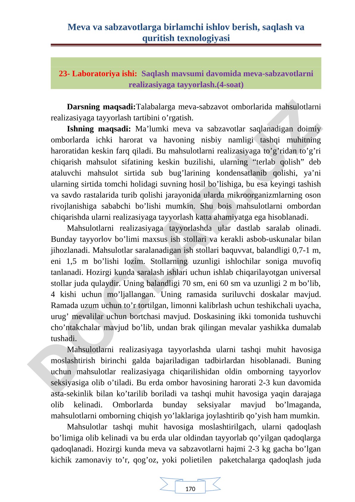 Meva-sabzavotlarni saqlash davomida realizasiyaga tayyorlash texnologiyasi