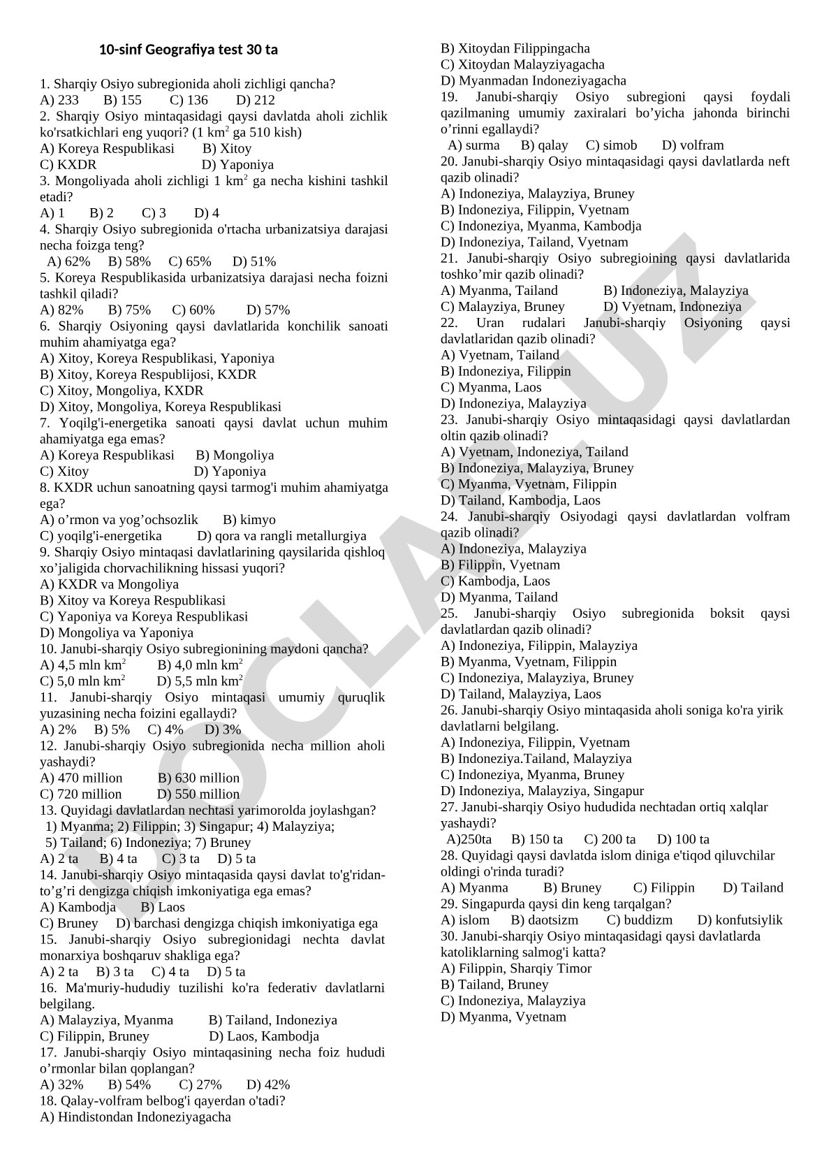 Sharqiy Osiyo geografiyasi test savollari