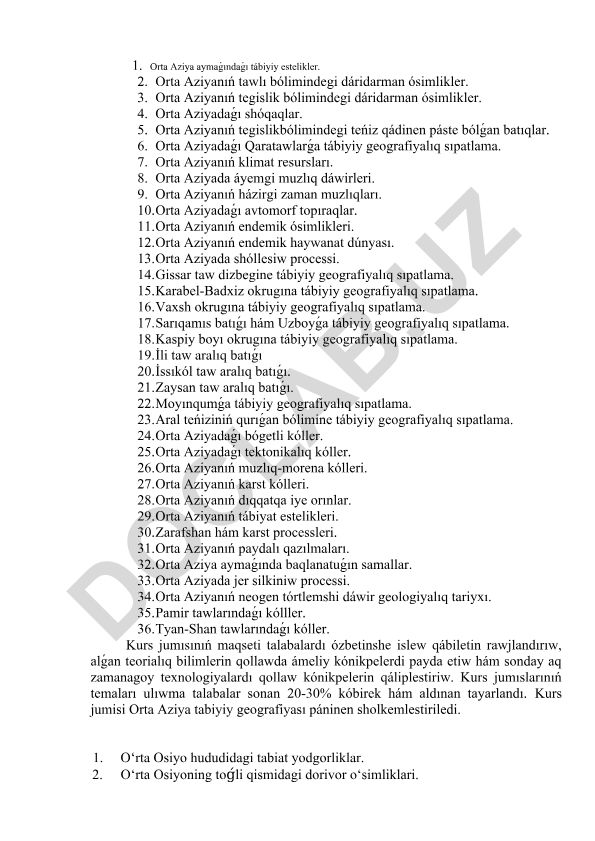 Orta Aziyanıń tábiyiy geografiyası hám resursları