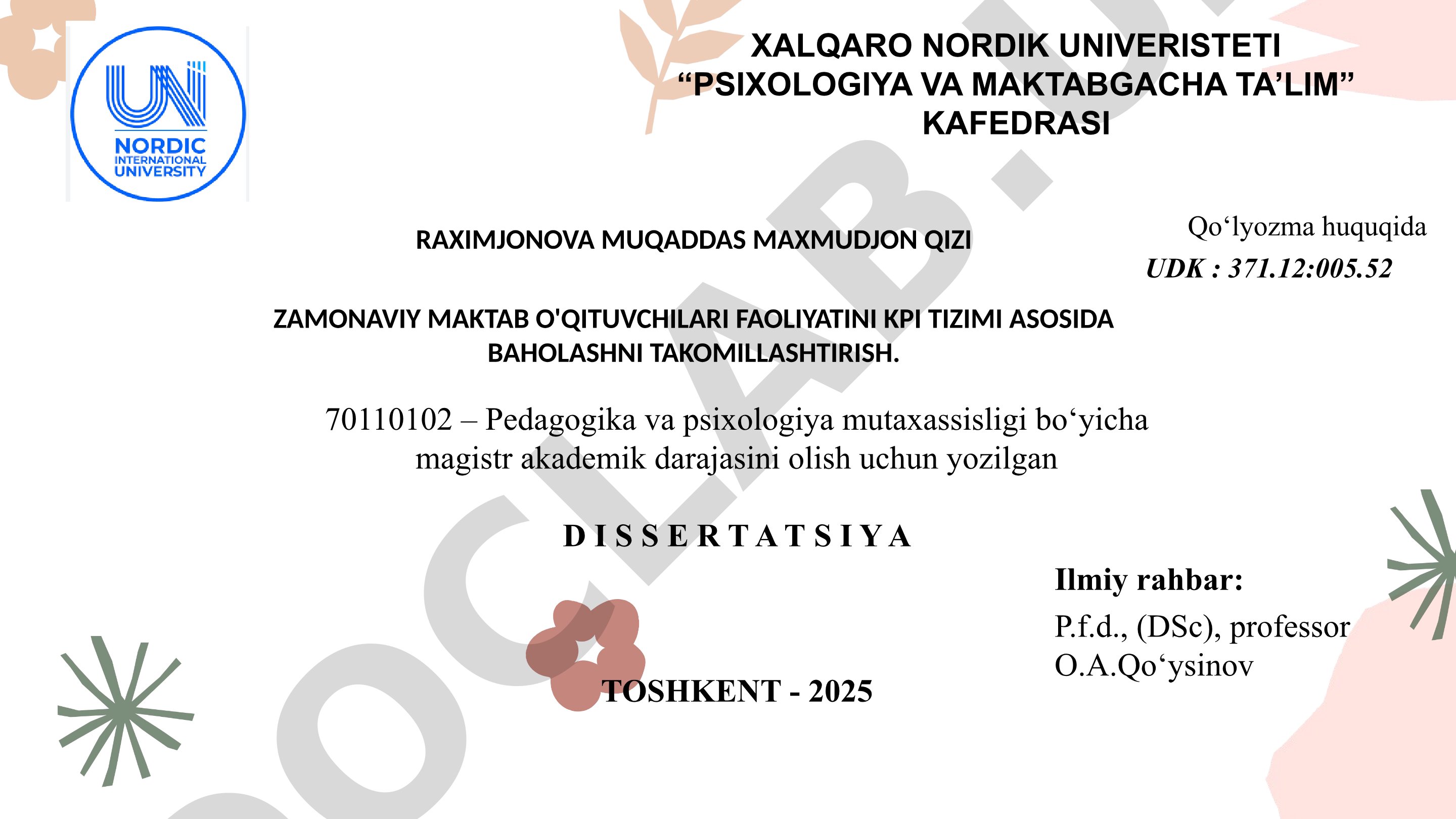 Zamonaviy maktab o'qituvchilari faoliyatini KPI tizimi asosida baholashni takomillashtirish