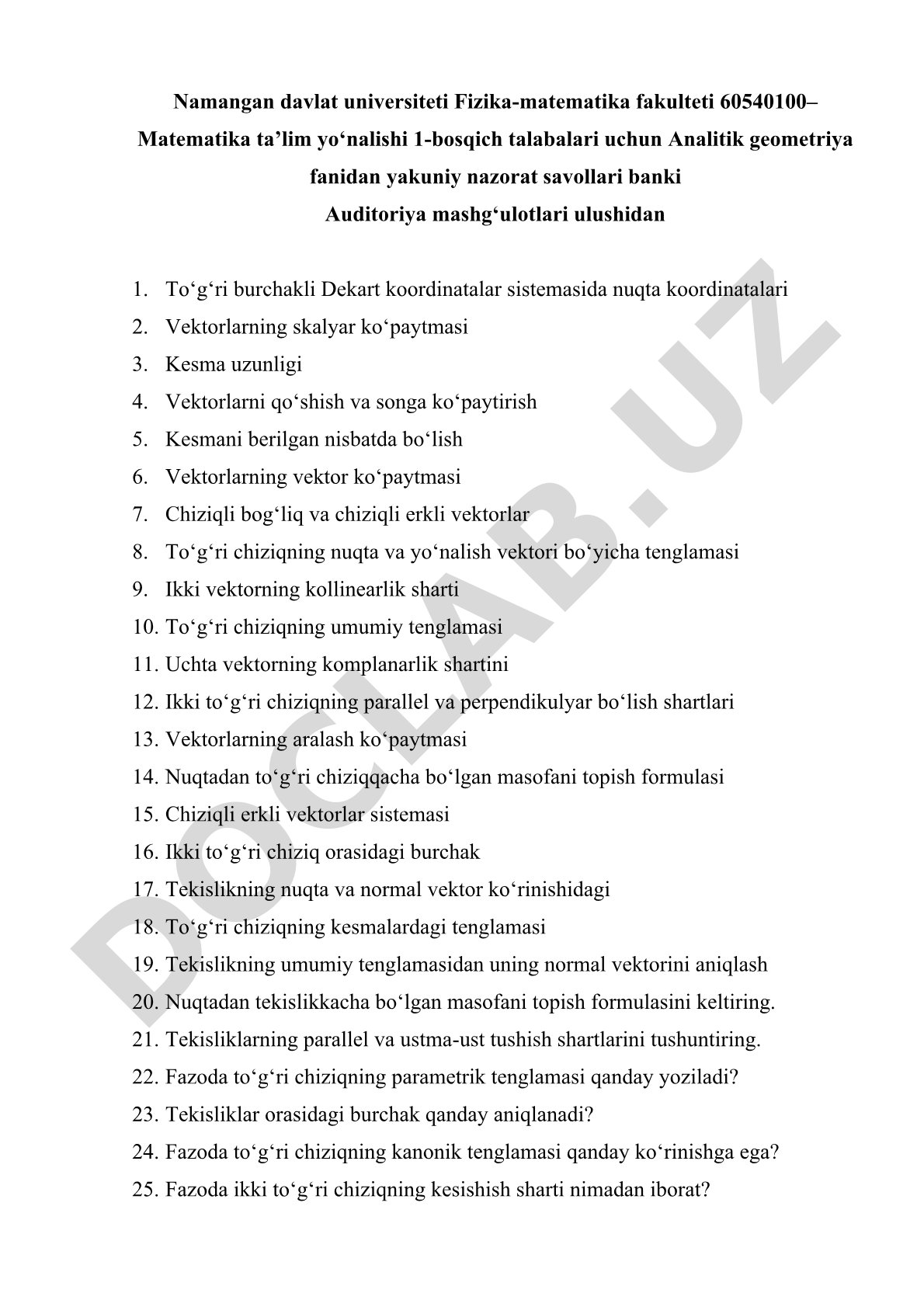 Analitik geometriya fanidan yakuniy nazorat savollari banki