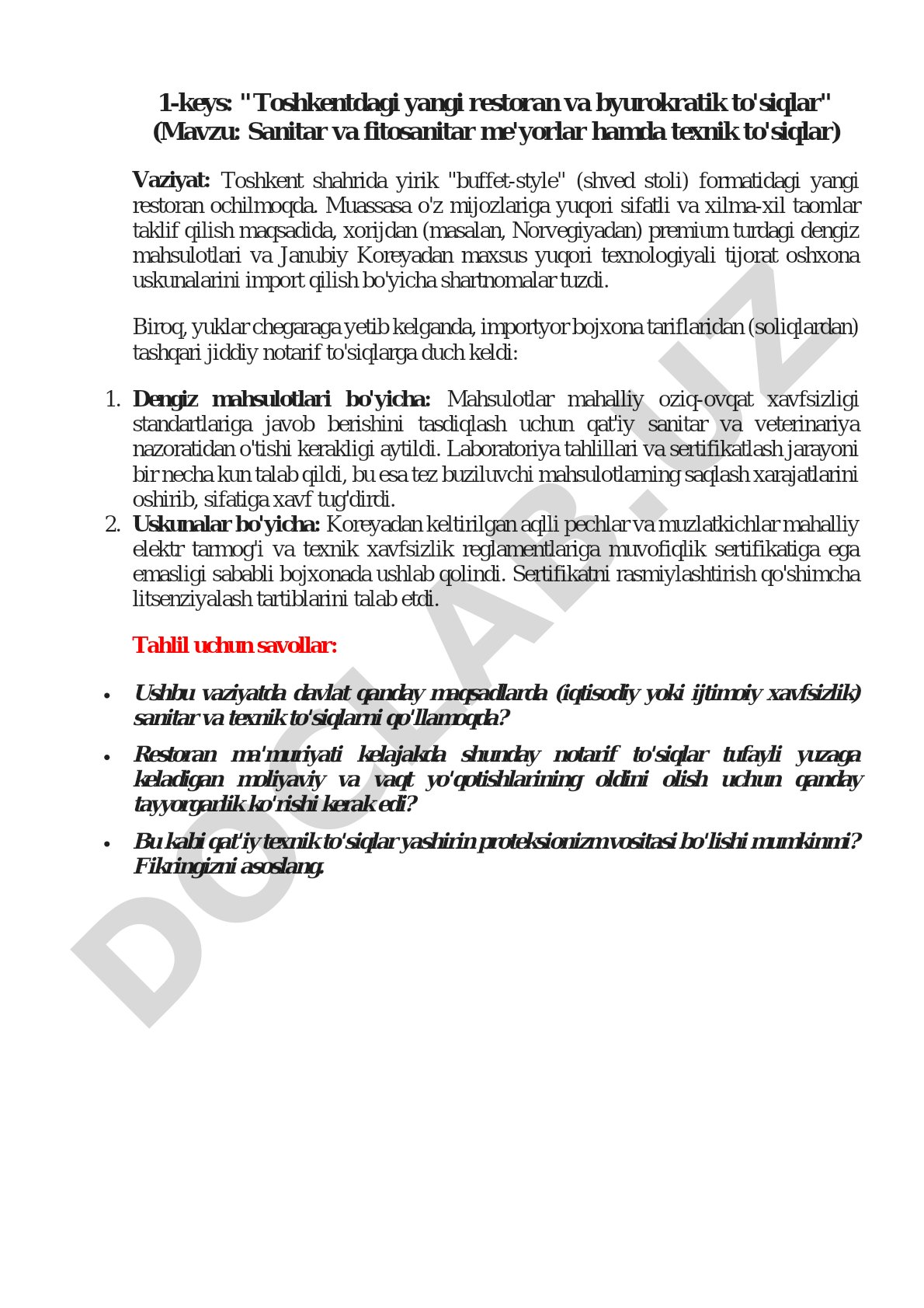 Sanitar va fitosanitar me'yorlar hamda texnik to'siqlar