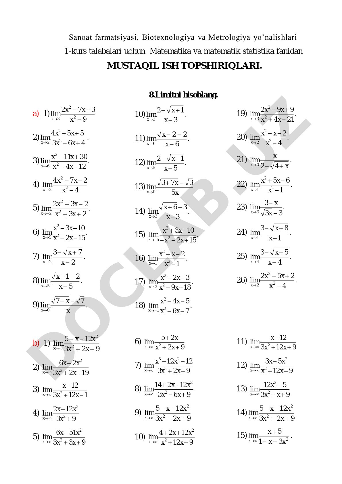Matematika va matematik statistika fanidan mustaqil ish topshiriqlari