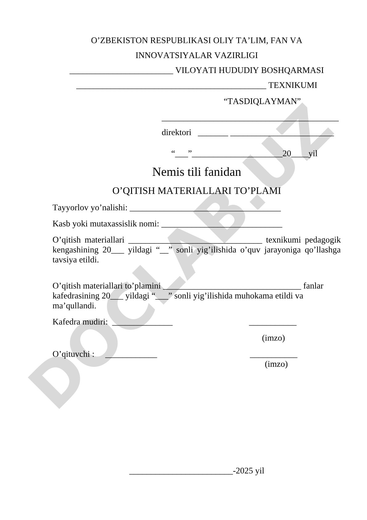 Nemis tili fanidan o'qitish materiallari to'plami