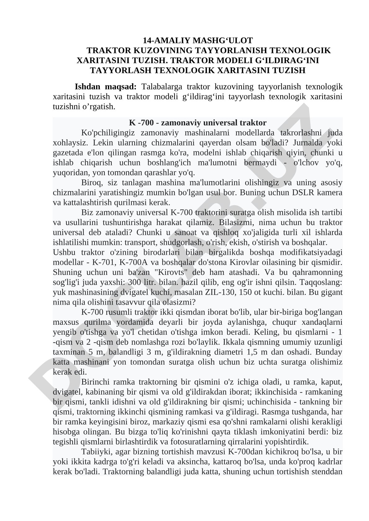 14-Amaliy mashg‘ulot traktor kuzovining tayyorlanish texnologik xaritasini tuzish