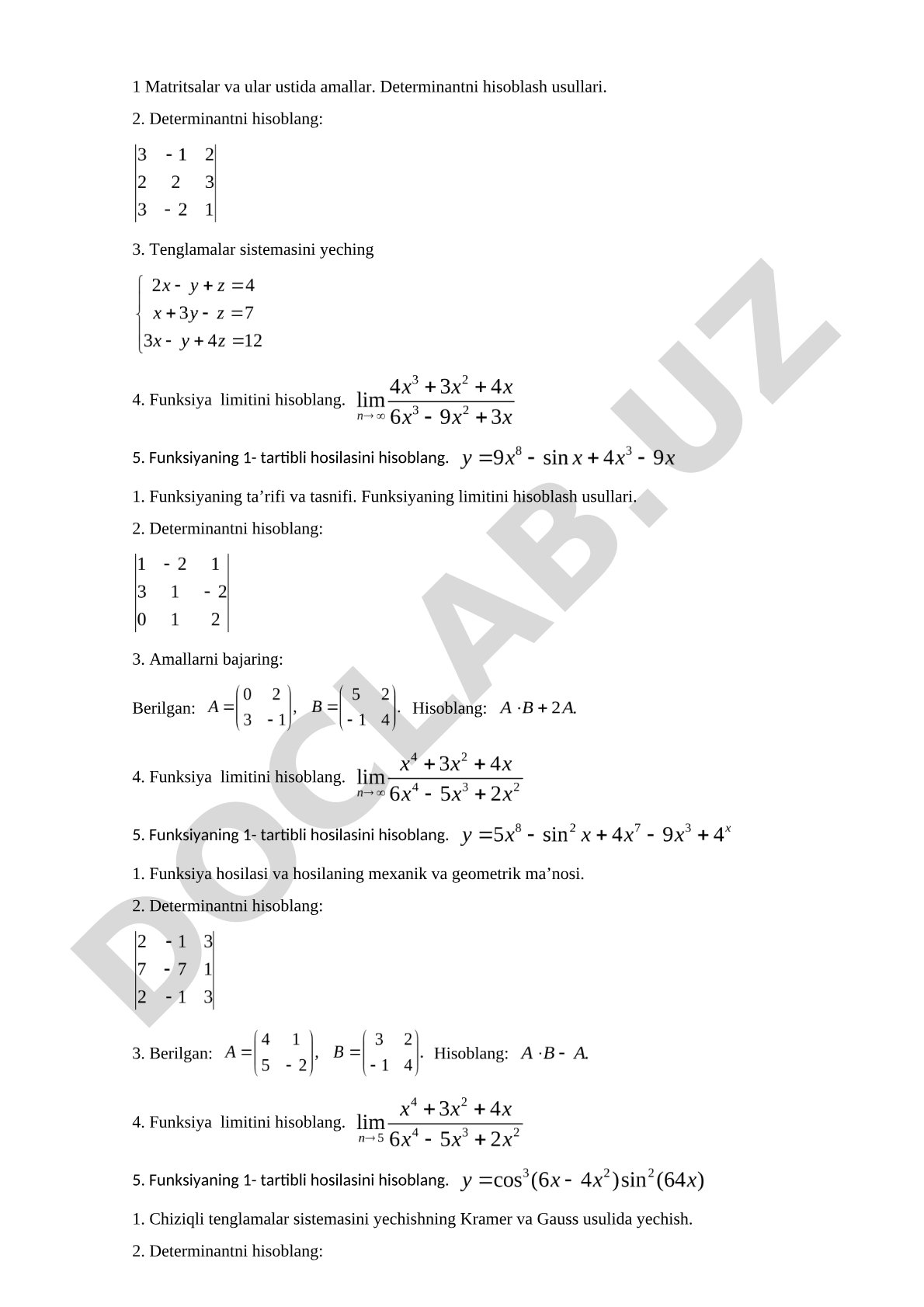 Matritsalar va ular ustida amallar. Determinantni hisoblash usullari