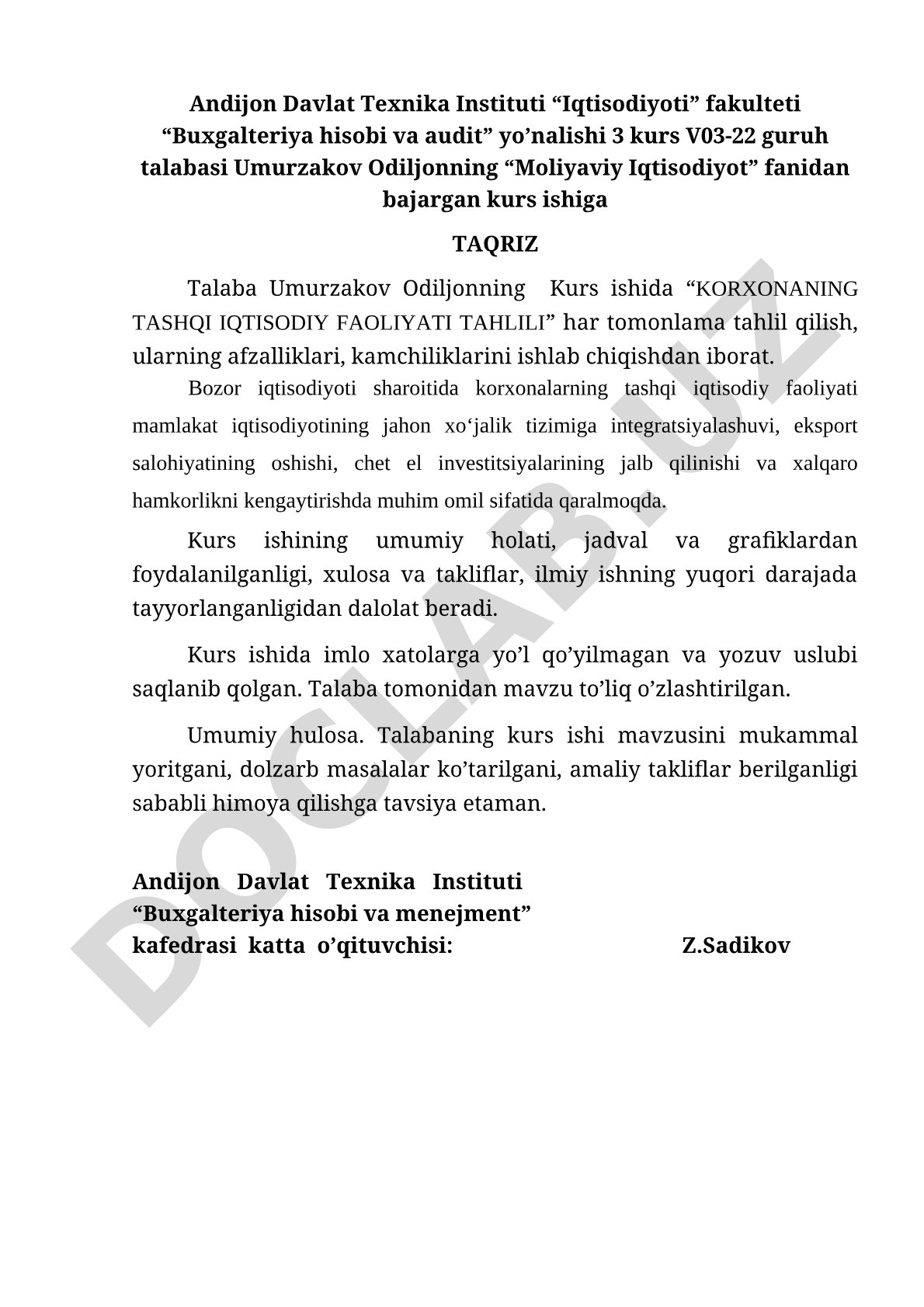 Korxonaning tashqi iqtisodiy faoliyati tahlili
