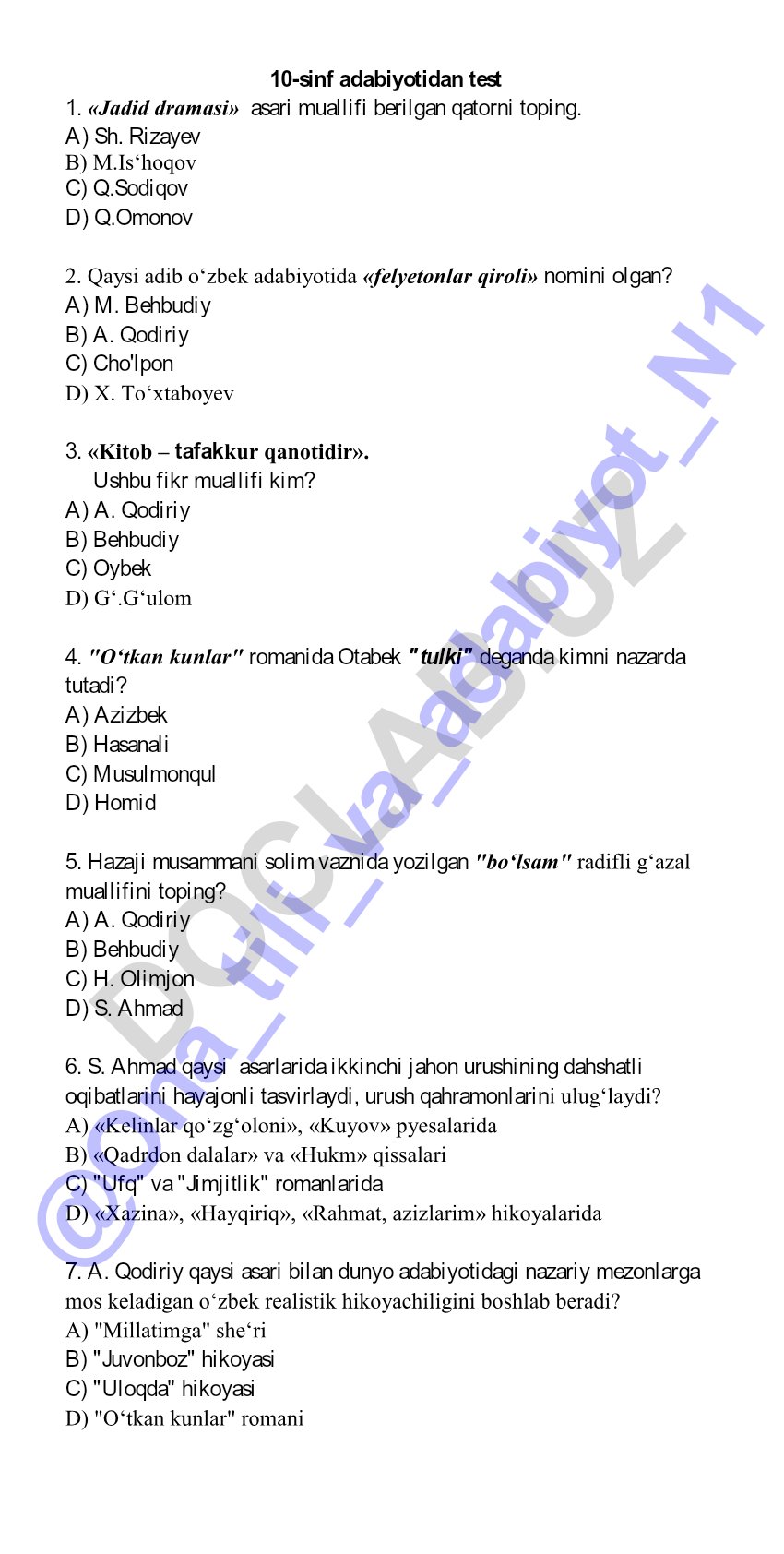 10-sinf adabiyotidan test savollari