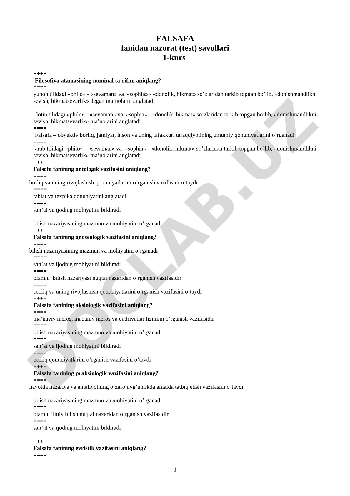 Falsafa fanidan nazorat (test) savollari 1-kurs