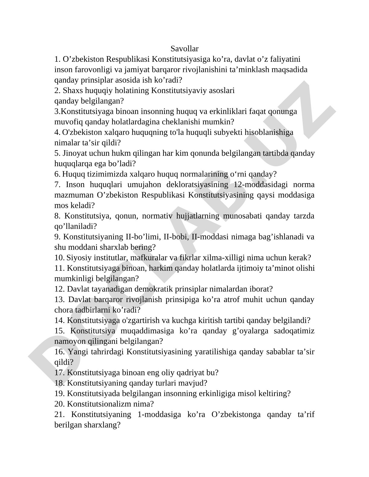 O'zbekiston Respublikasi Konstitutsiyasiga oid savollar