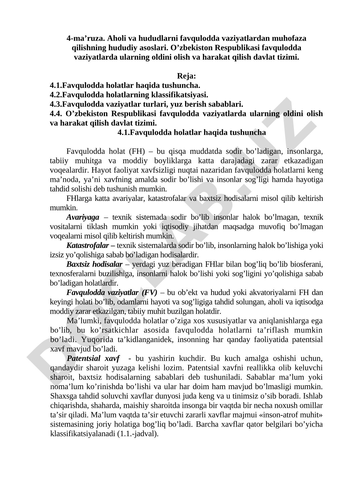 Aholi va hududlarni favqulodda vaziyatlardan muhofaza qilishning hududiy asoslari