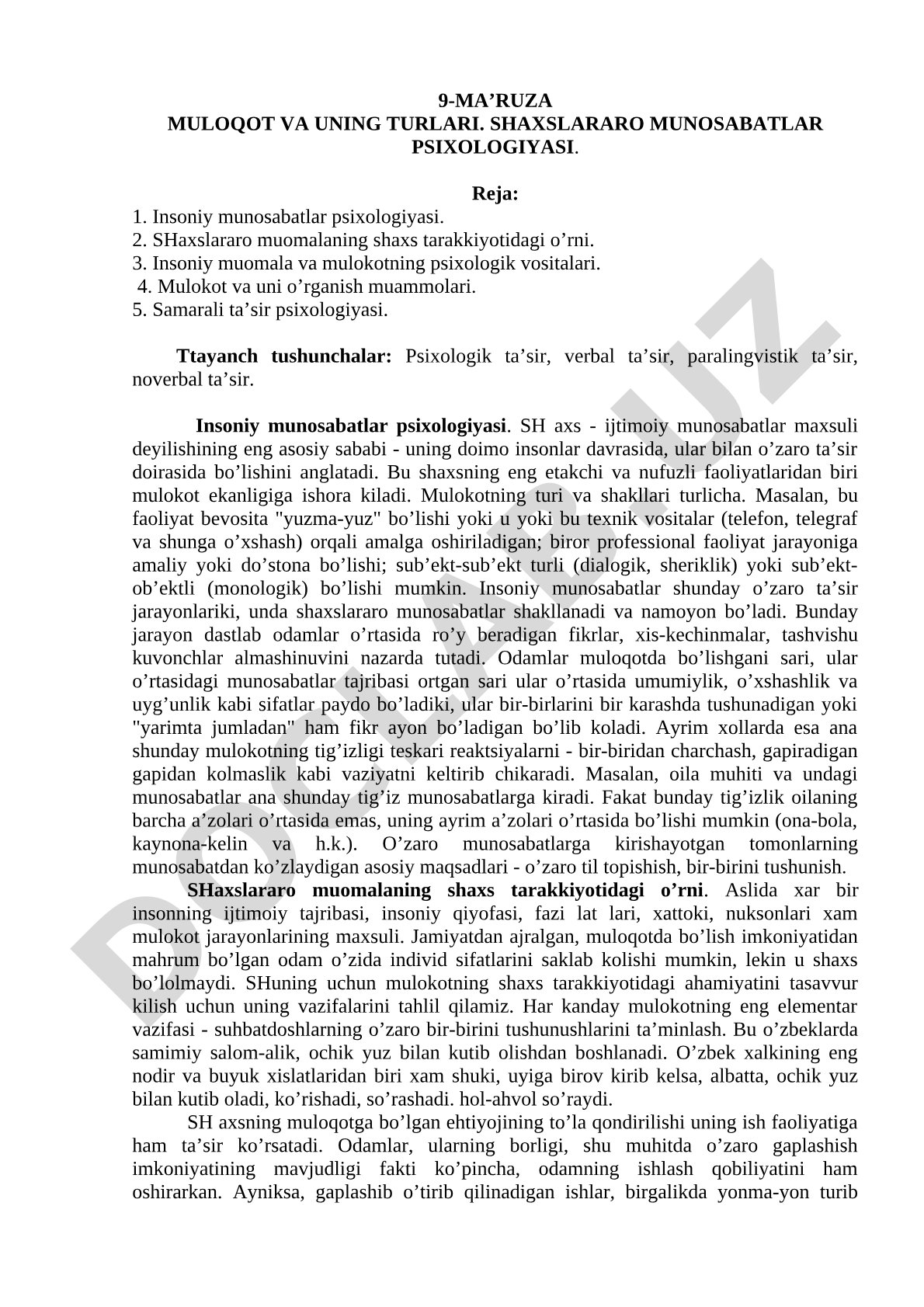 Muloqot va uning turlari. Shaxslararo munosabatlar psixologiyasi