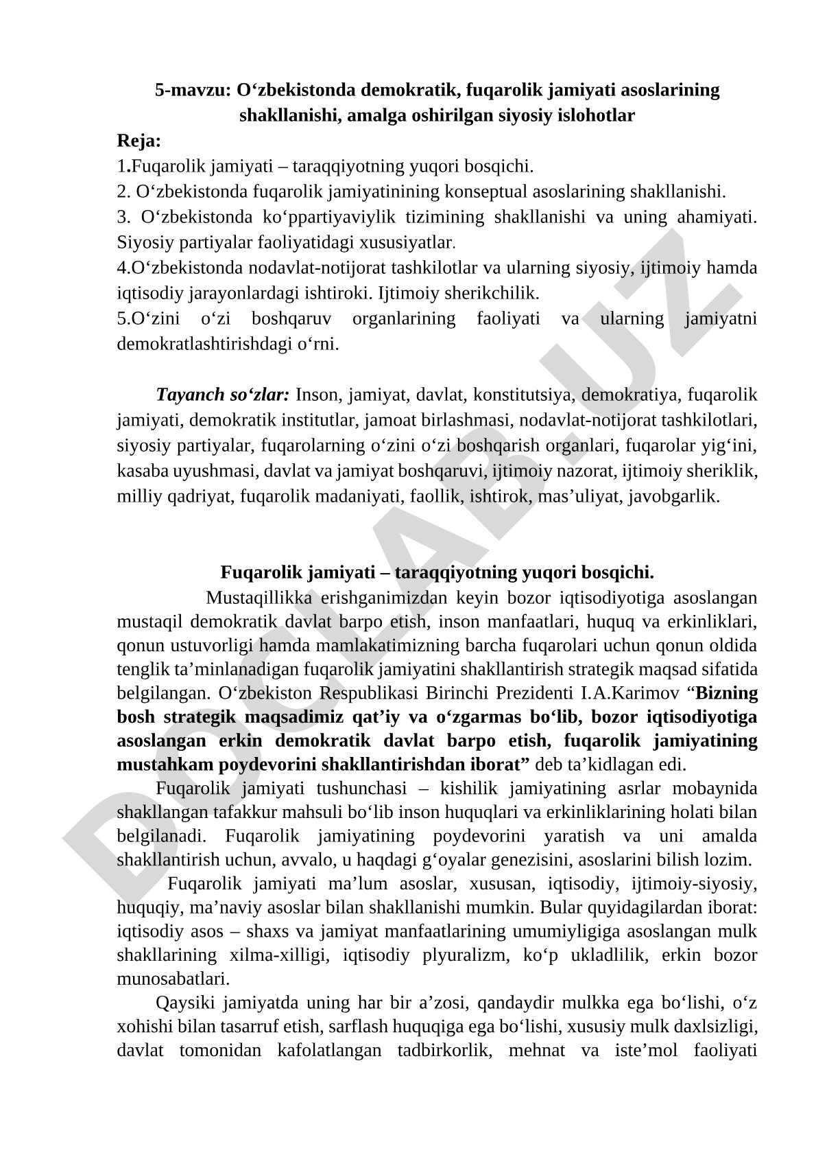 O‘zbekistonda demokratik, fuqarolik jamiyati asoslarining shakllanishi, amalga oshirilgan siyosiy islohotlar