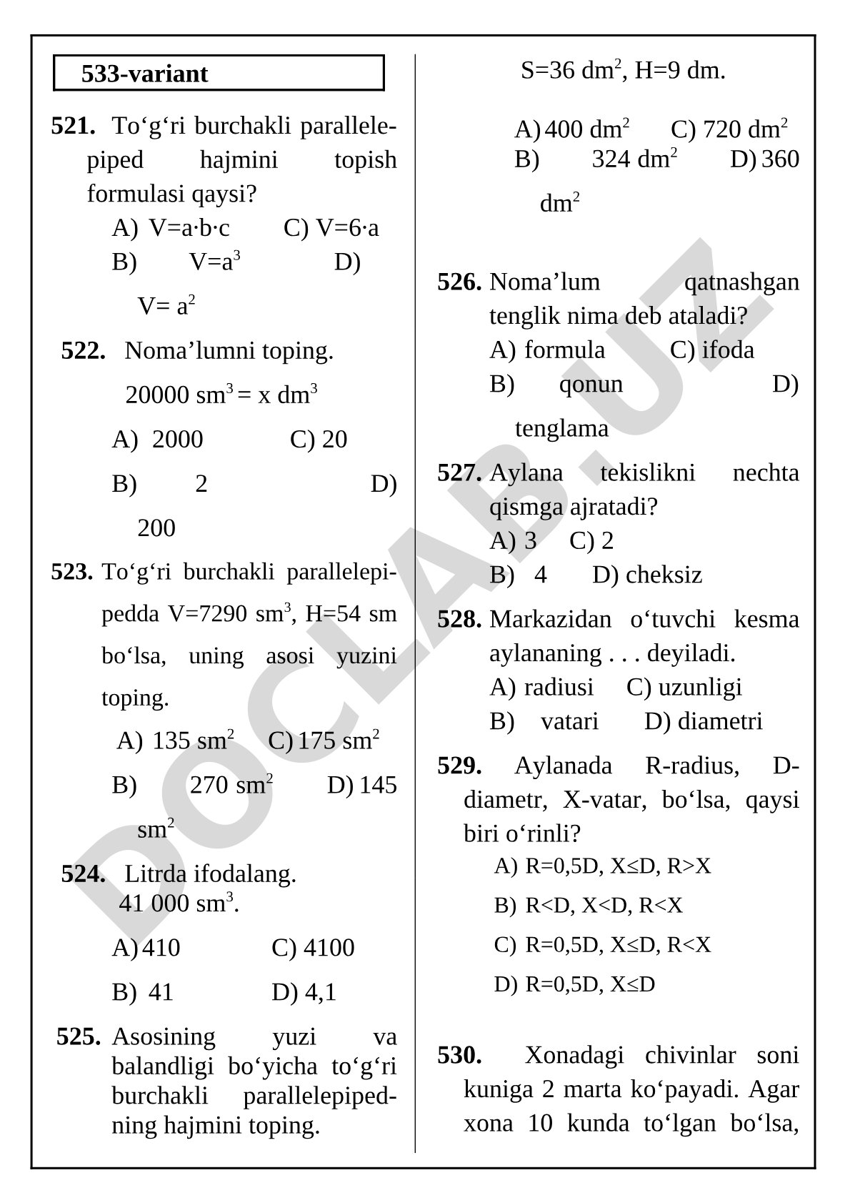 Parallelepiped, kub va aylanaga oid test savollari