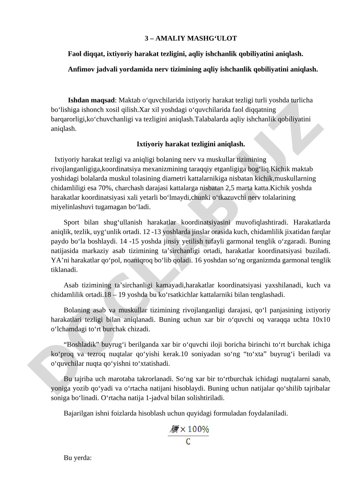 Faol diqqat, ixtiyoriy harakat tezligi va aqliy ishchanlik qobiliyatini aniqlash