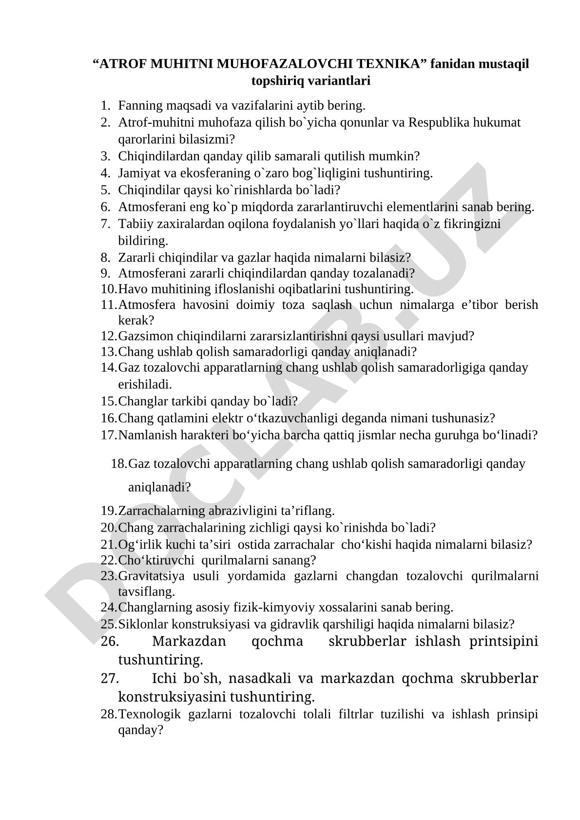 Atrof muhitni muhofazalovchi texnika fanidan mustaqil topshiriq variantlari