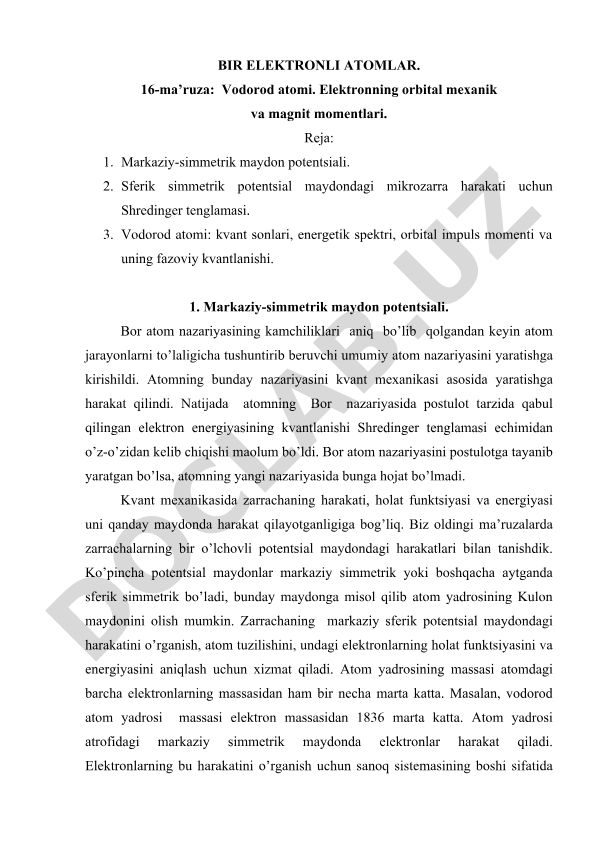 Vodorod atomi va elektronning orbital mexanik va magnit momentlari