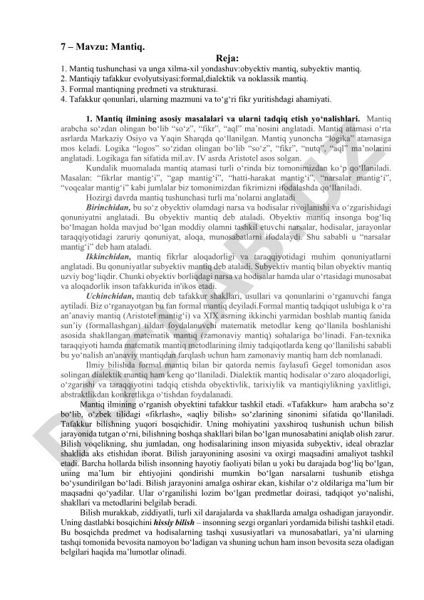 Mantiq tushunchasi, tafakkur evolyutsiyasi va formal mantiqning predmeti