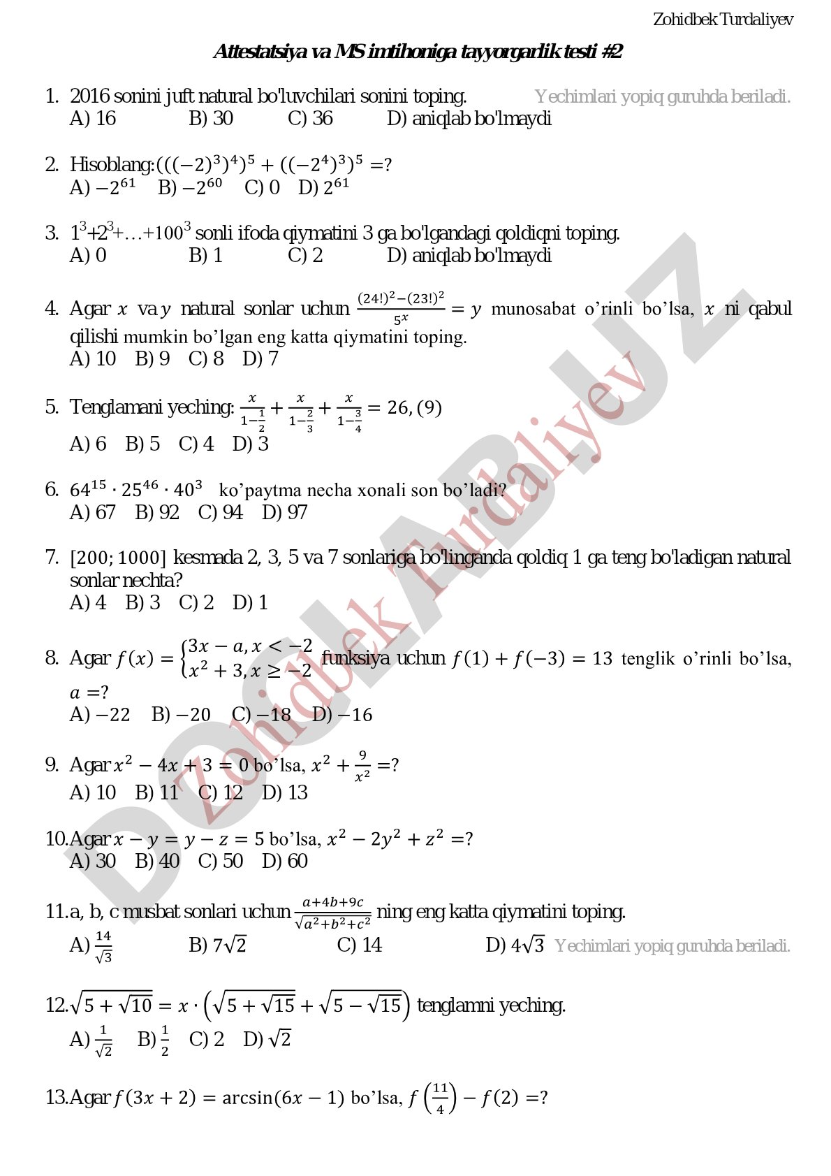 Attestatsiya va MS imtihoniga tayyorgarlik matematika testi