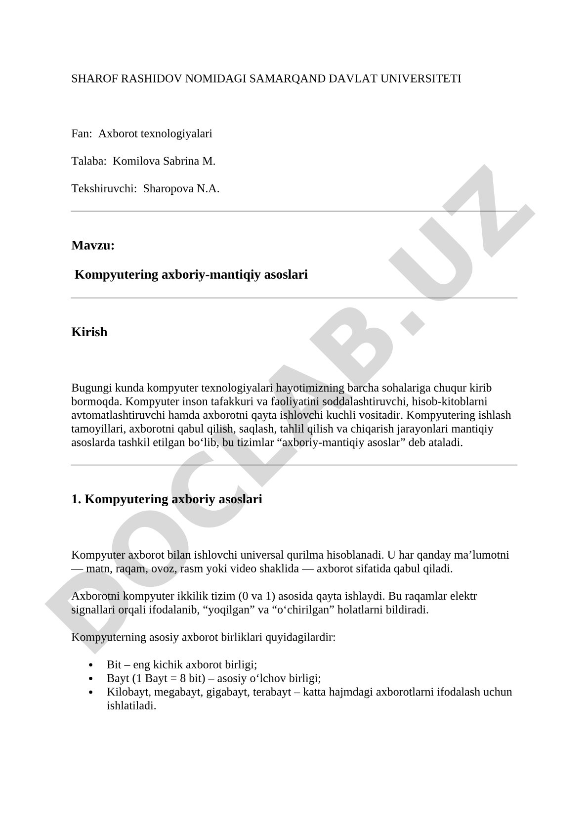 Kompyutering axboriy-mantiqiy asoslari