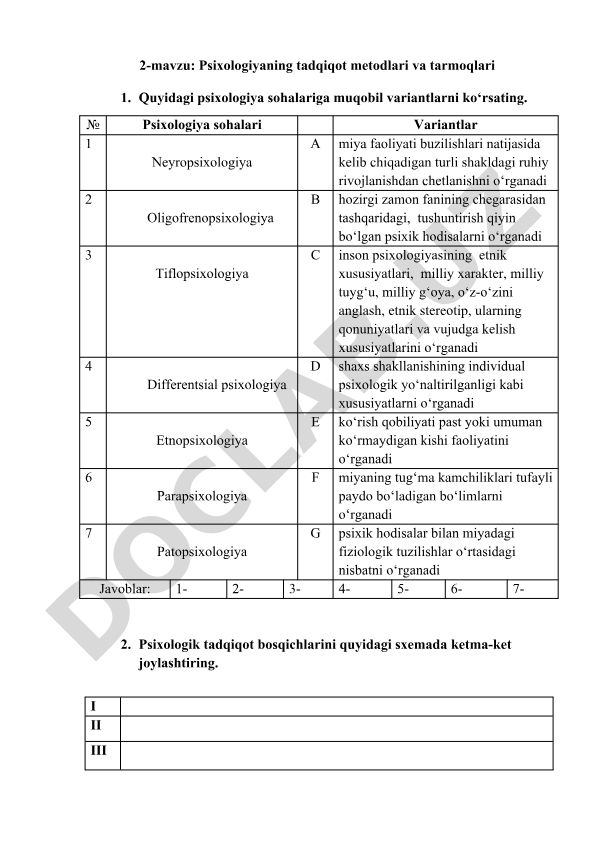 Psixologiyaning tadqiqot metodlari va tarmoqlari