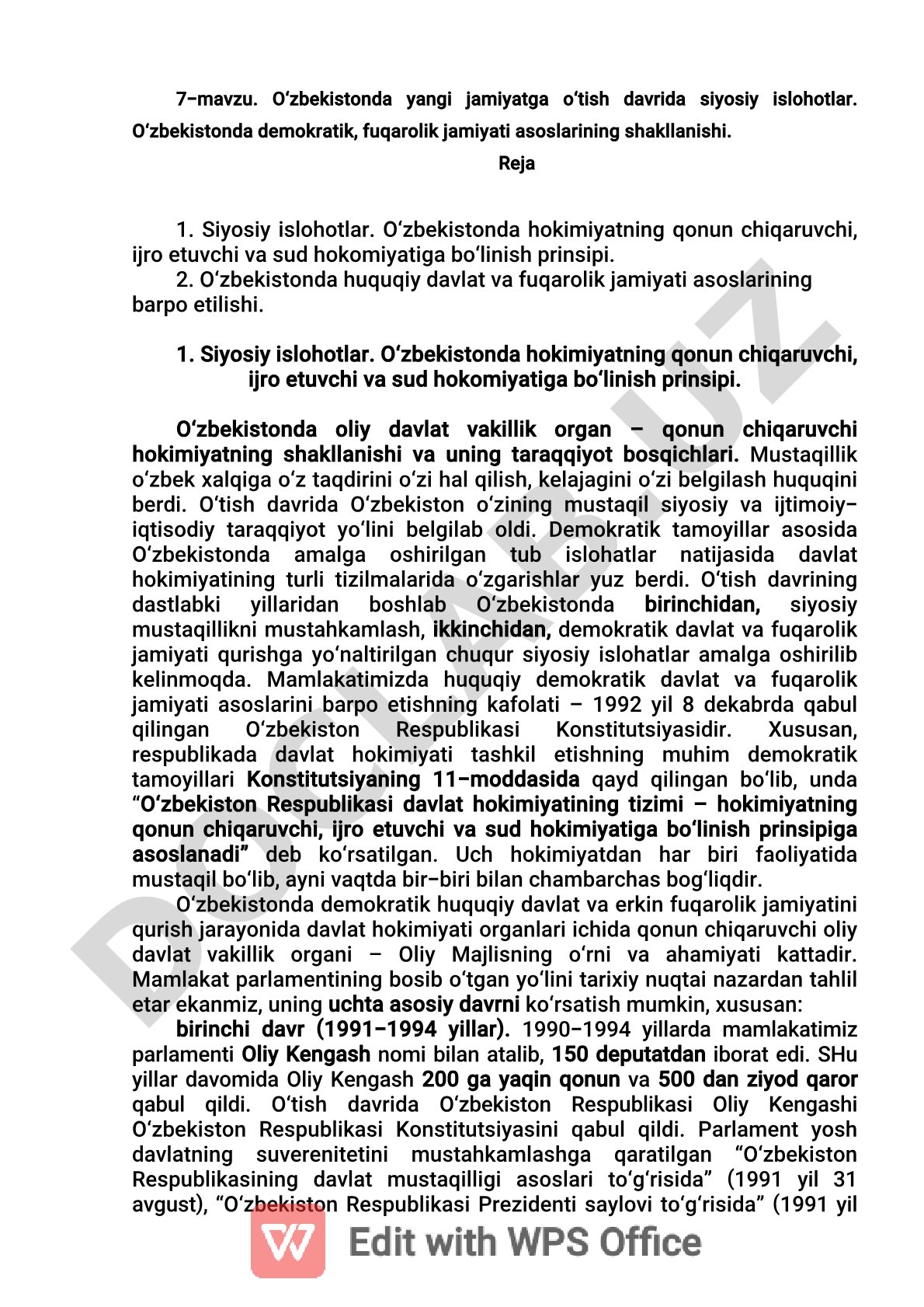 O‘zbekistonda yangi jamiyatga o‘tish davrida siyosiy islohotlar. O‘zbekistonda demokratik, fuqarolik jamiyati asoslarining shakllanishi